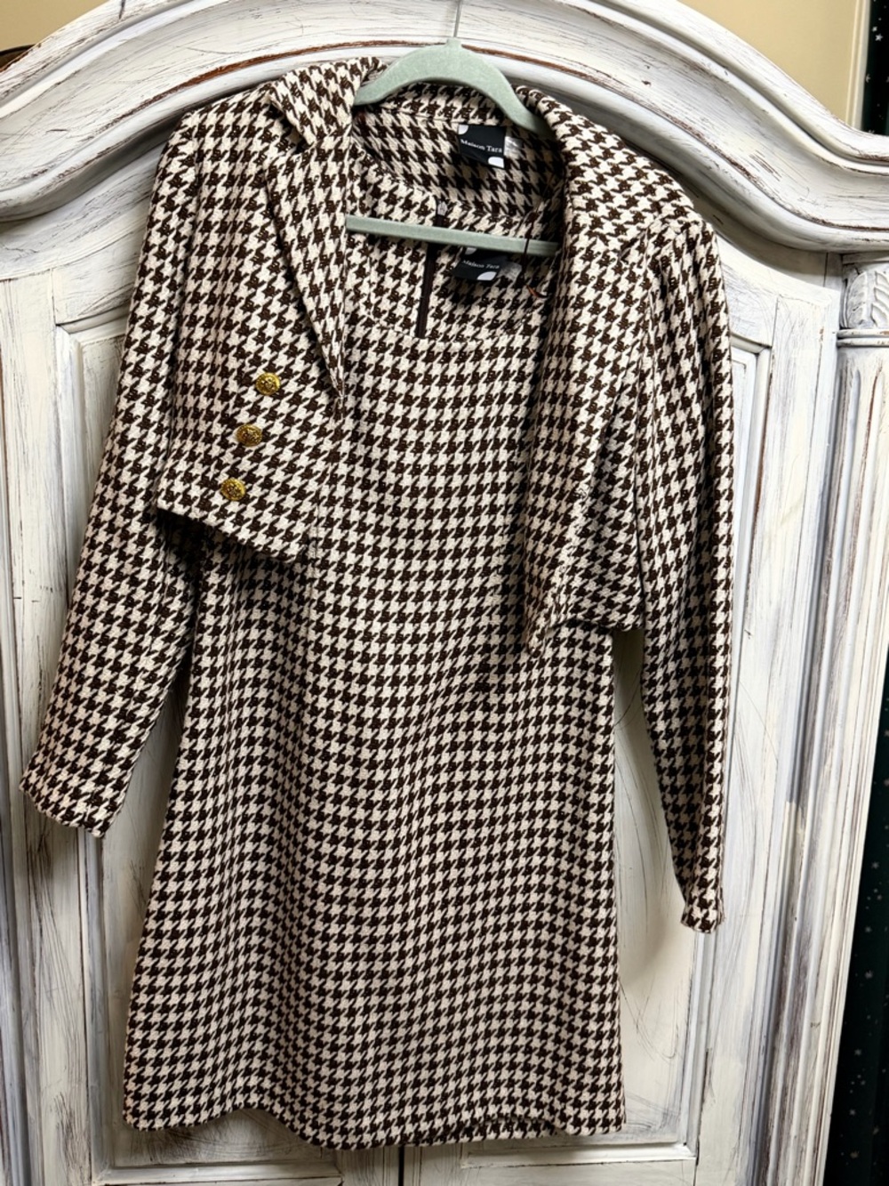 Maison Tara Houndstooth Dress Set Size 8 Jacket + Sleeveless Classic Gold Button